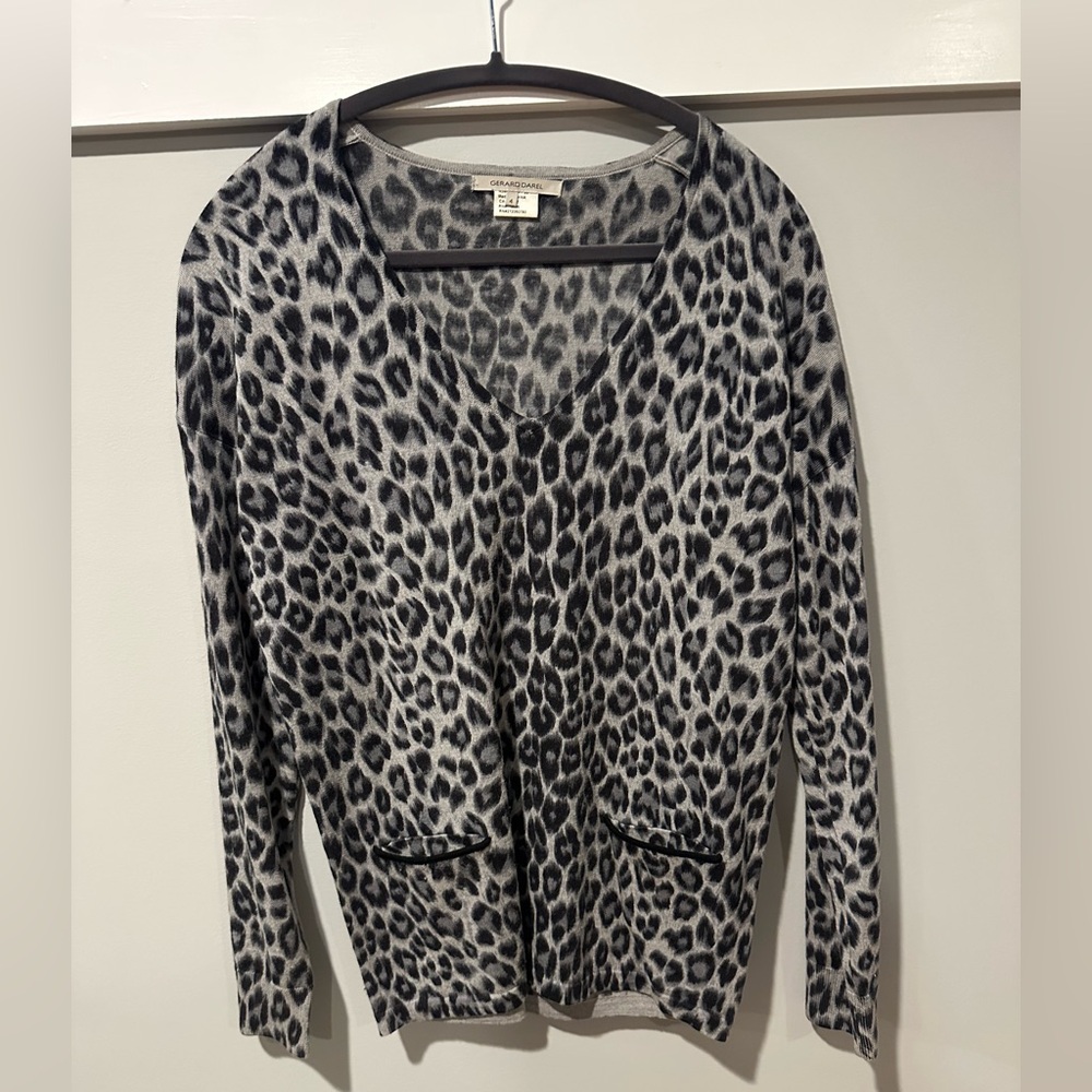 Gerard Darel Gray and Black Leopard V-Neck Sweater